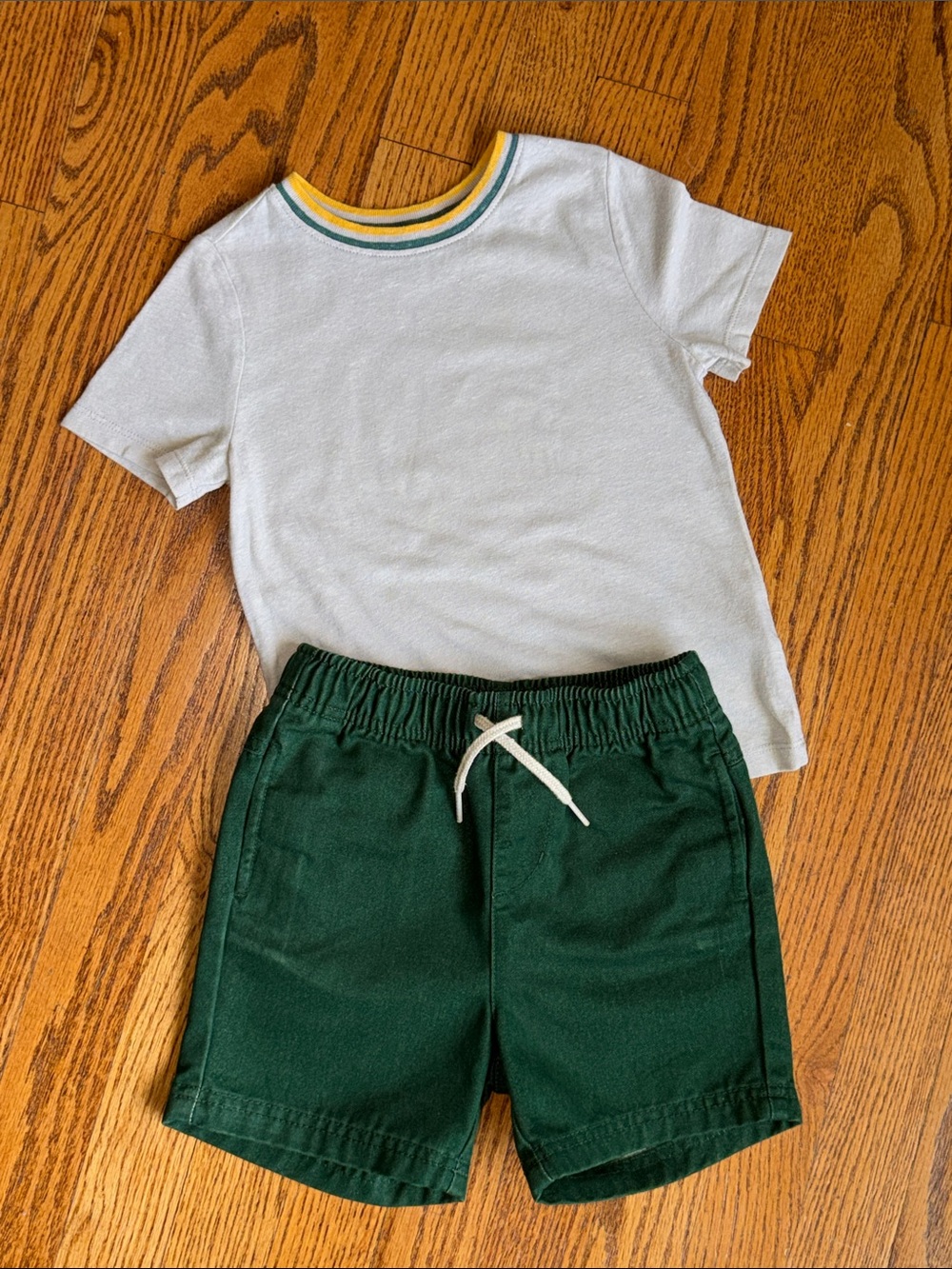 Heather grey Tee with Stripe + Dark Green Drawstring Shorts